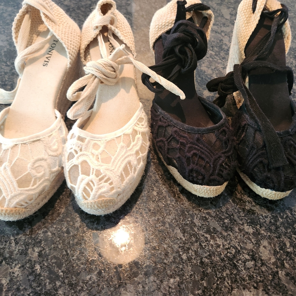 Cream and Black Lace Espadrilles. Great Price For Two Shoes.